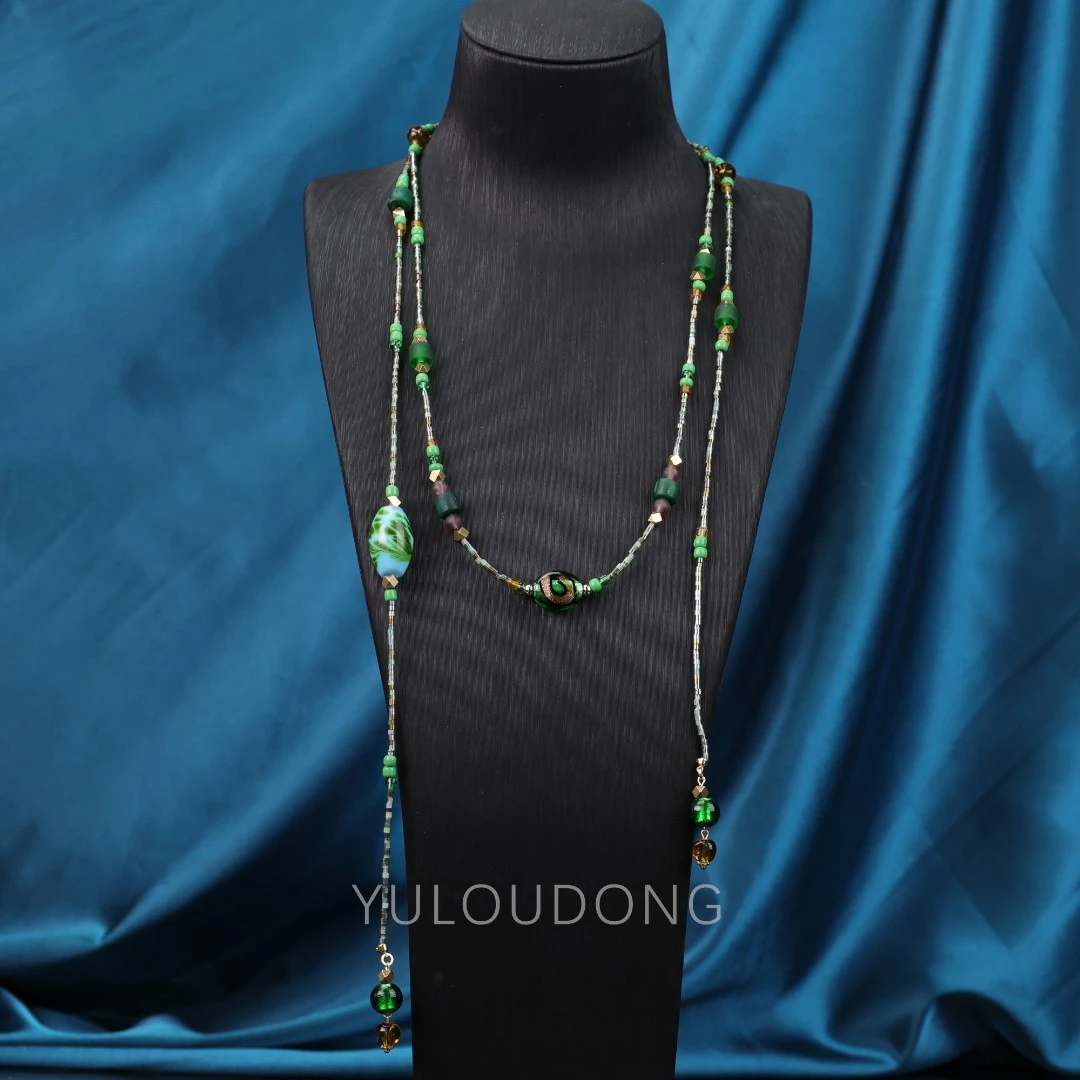 合金项链 XL771 样品 绿色凤尾长款双层琉璃项链原创设计