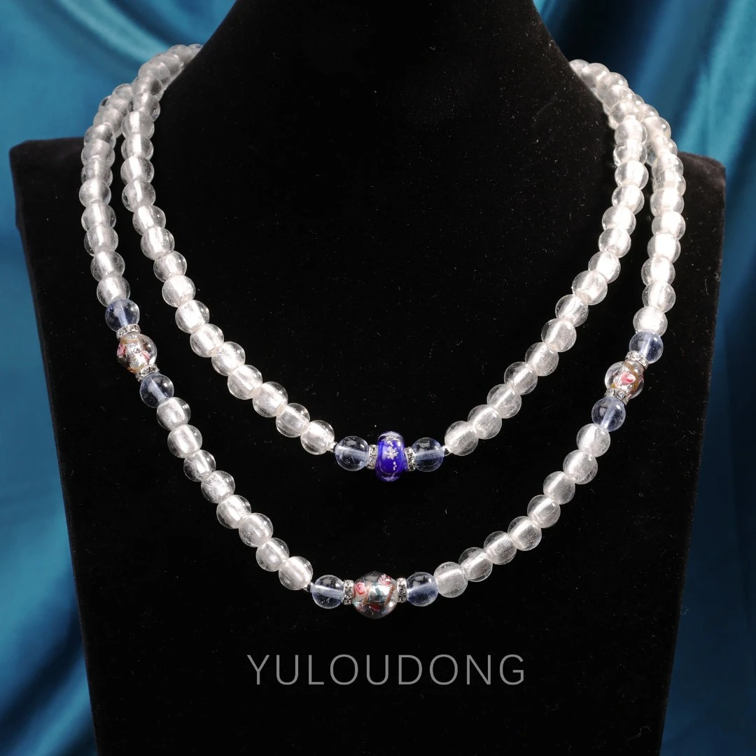 合金项链 XL159 长款白色银箔银色琉璃项链原创设计