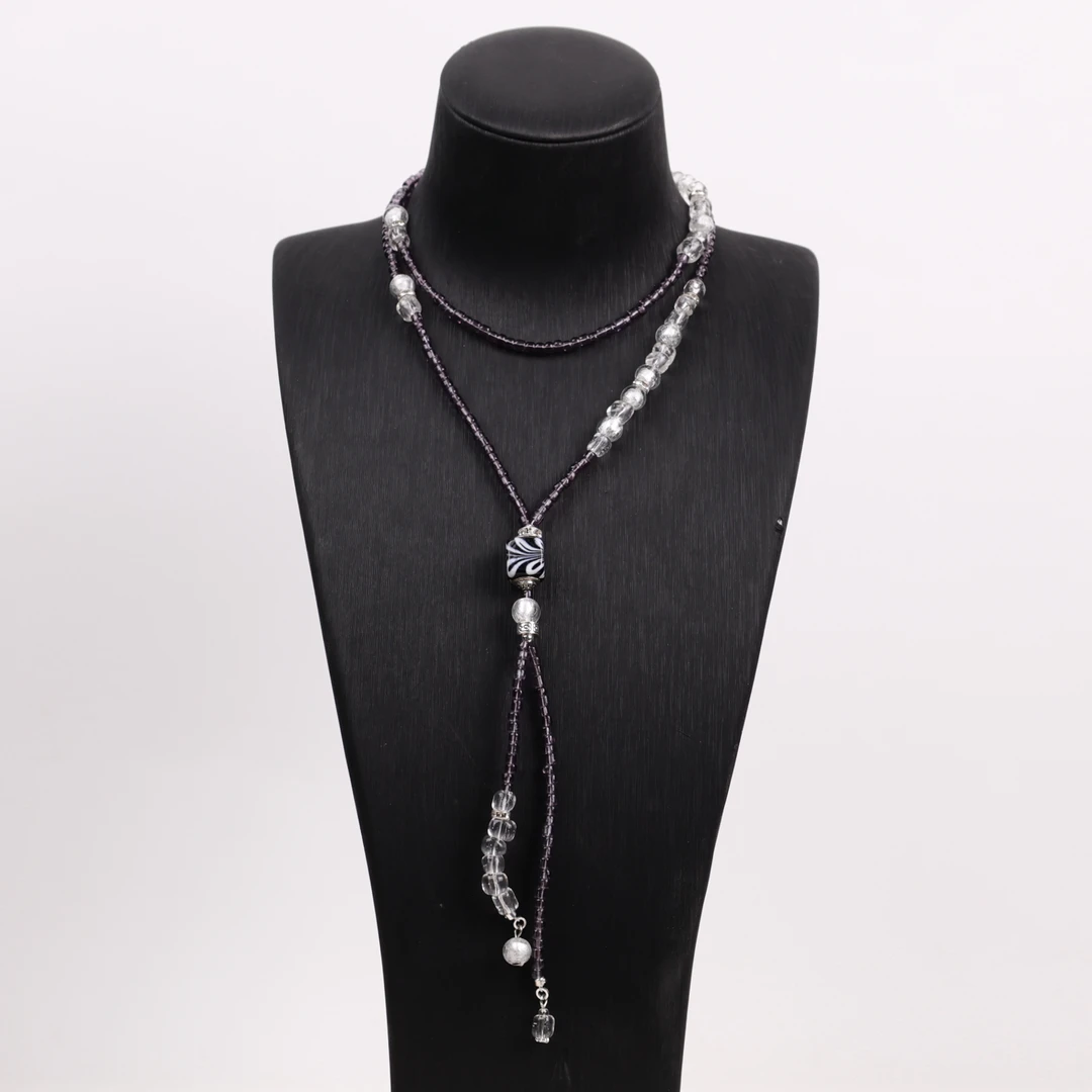 合金项链 LZ1275 紫色小米珠黑色方块花纹丝巾款项链72cm