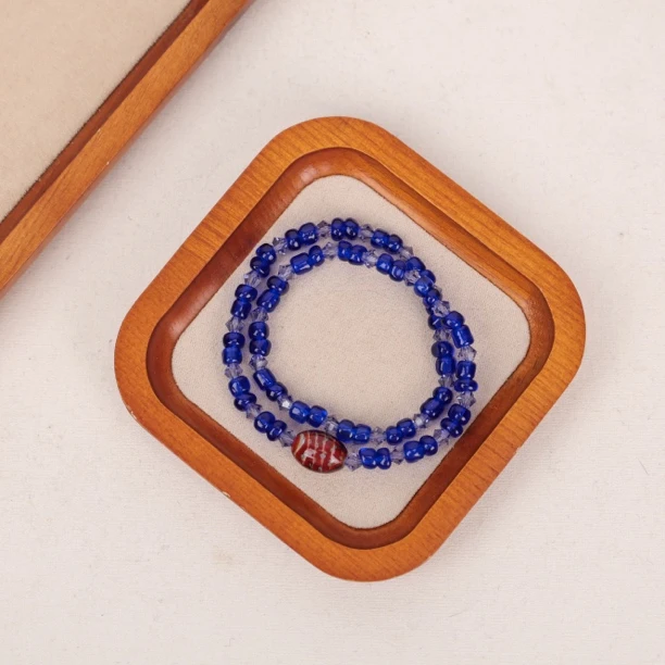 合金手链 LZ2062-1 克莱因蓝色小米珠红色条纹双层琉璃手串