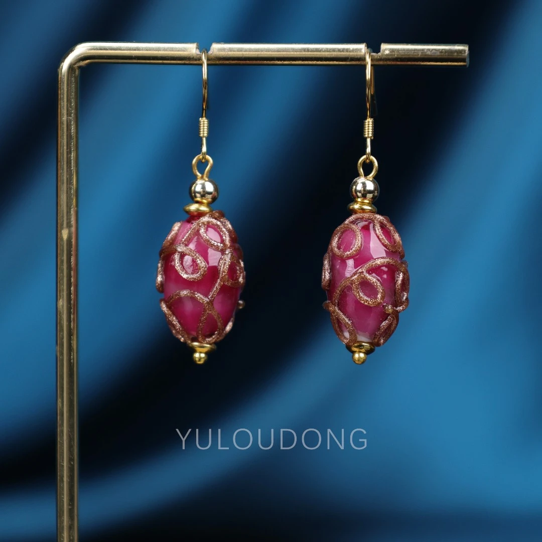 合金耳饰 ES298 红紫色浮雕立体琉璃耳环