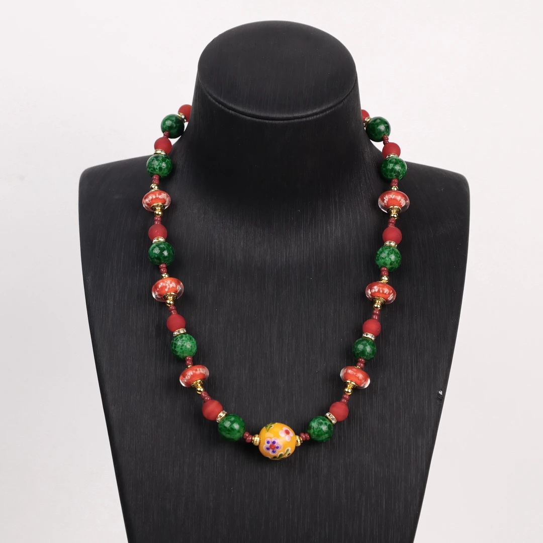 合金项链 LZ1862 橙色转转筒绿蛙黄色大珠琉璃项链 43.5cm