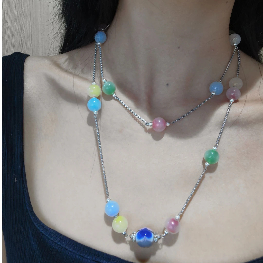 合金项链 LZ0896 马卡龙套料彩色爱心长链琉璃项链