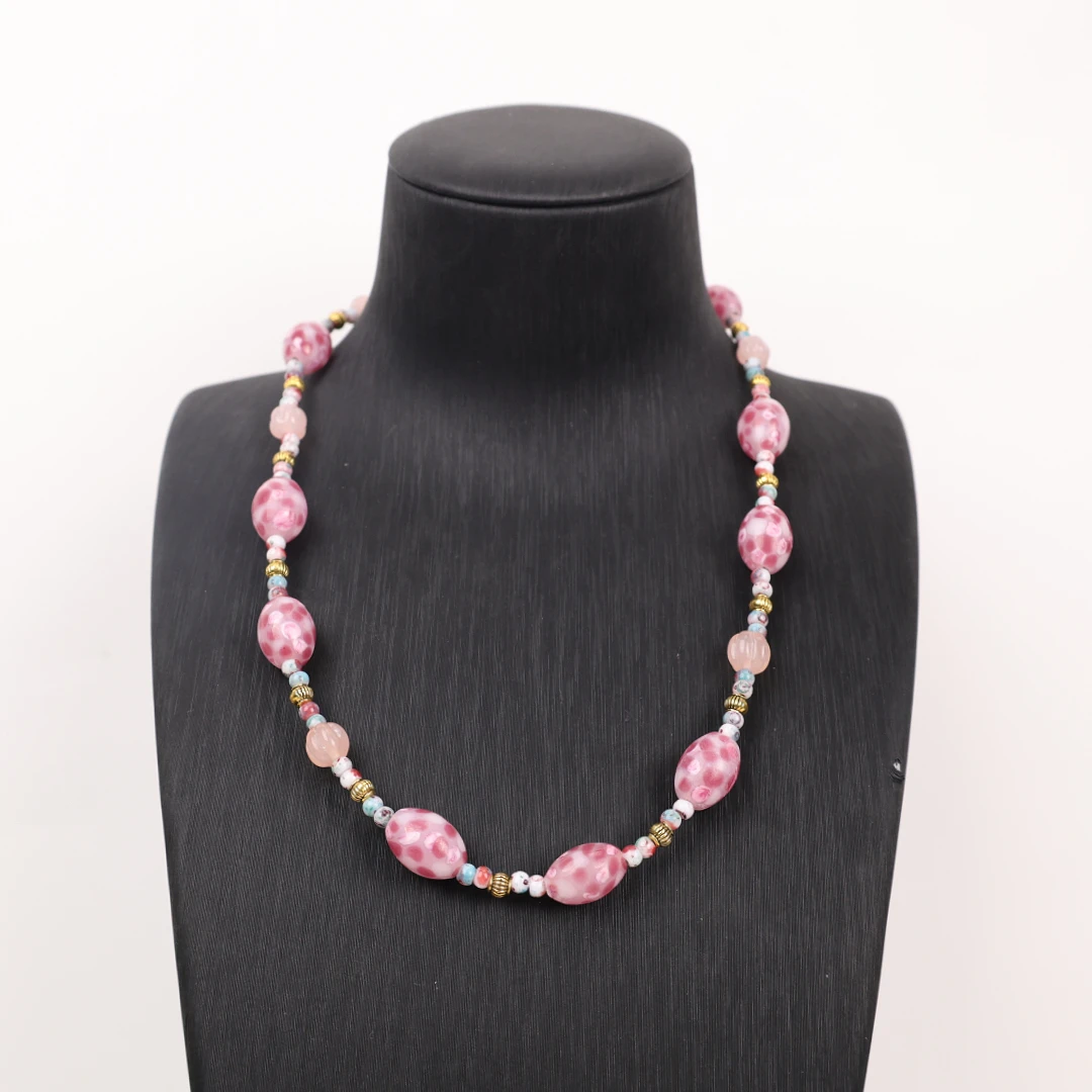 合金项链 LZ2121 粉色波点老料白色进口小米珠小南瓜珠琉璃项链