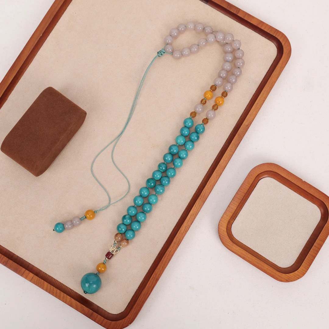 合金项链 LZ1756 孔雀色大珠米汤色绳编琉璃项链