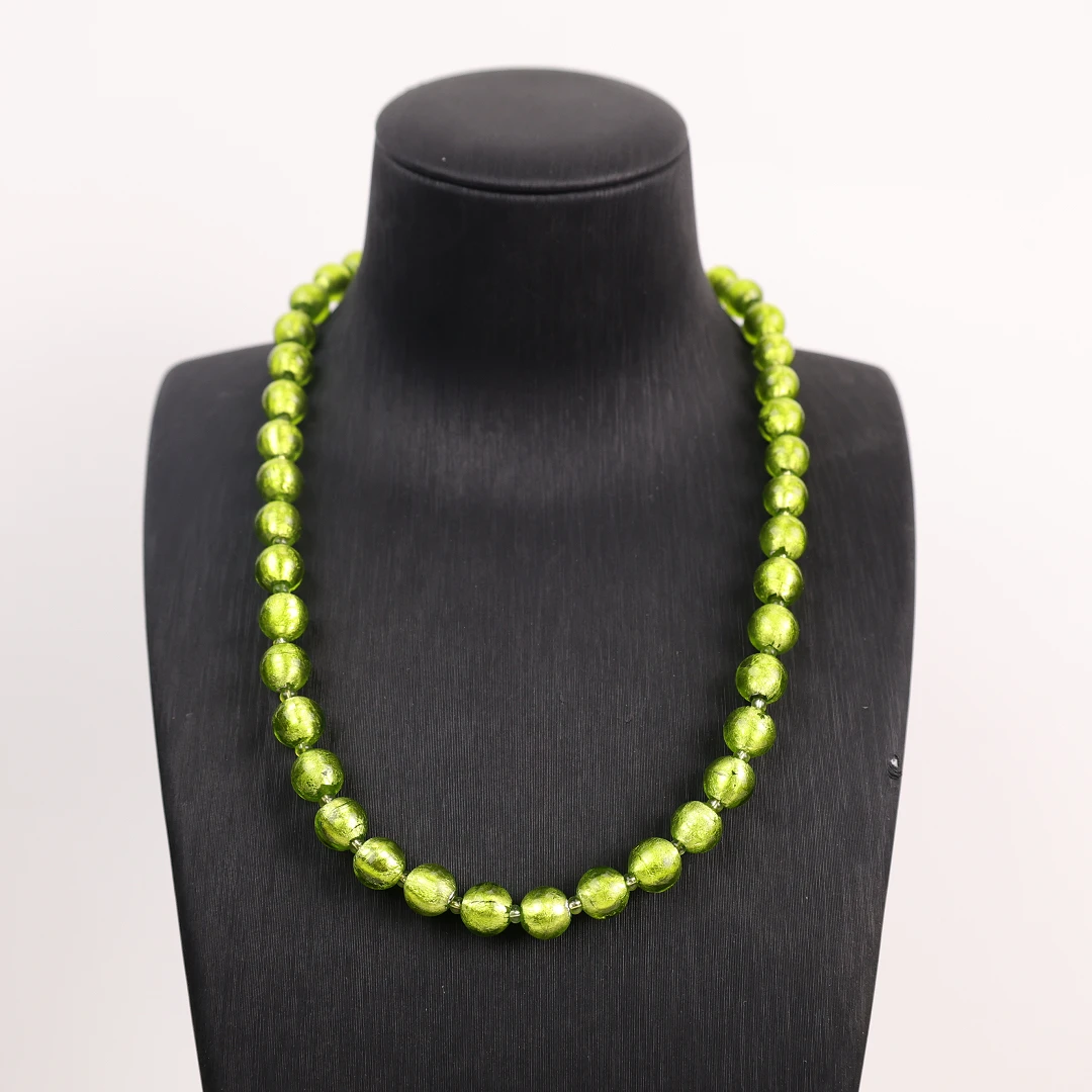 合金项链 LZ1918 10mm青苹果绿色银箔小点位满串琉璃项链43.5cm