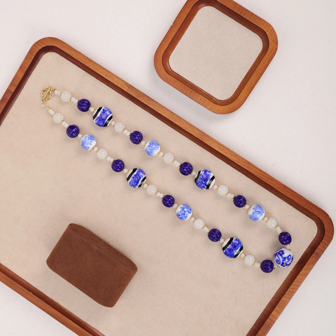 合金项链 LZ1750 缠枝莲纹青花瓷扁珠琉璃项链57cm