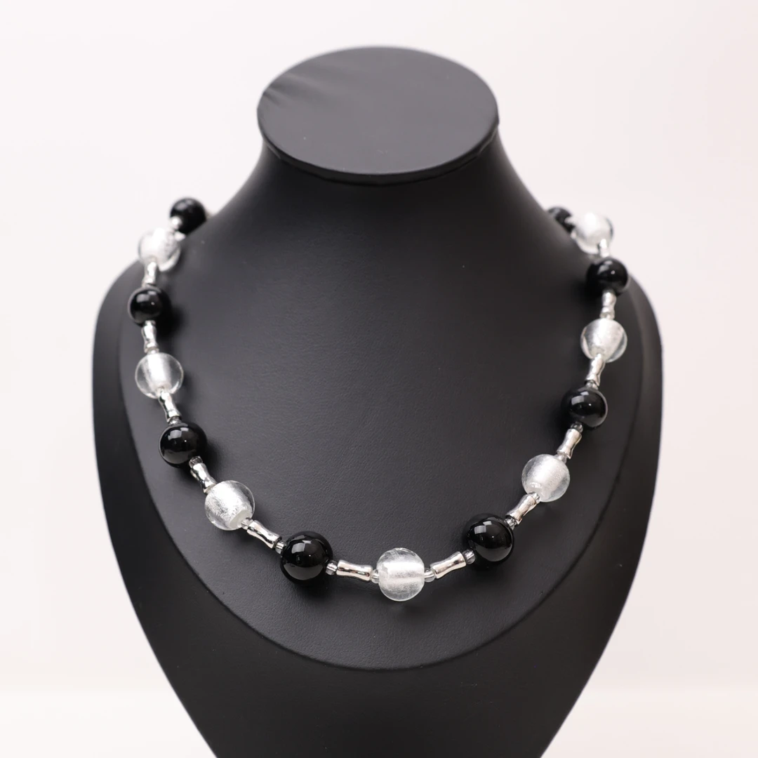 合金项链 LZ1080 黑色琉璃白色银箔琉璃项链45cm