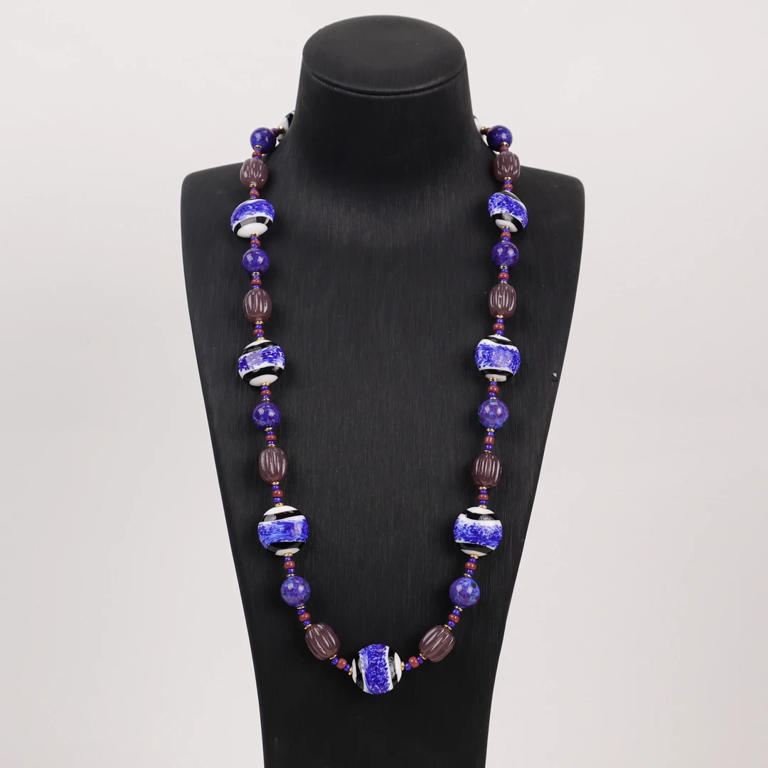 合金项链 LZ1933 青花瓷扁珠紫色南瓜珠绳编琉璃项链