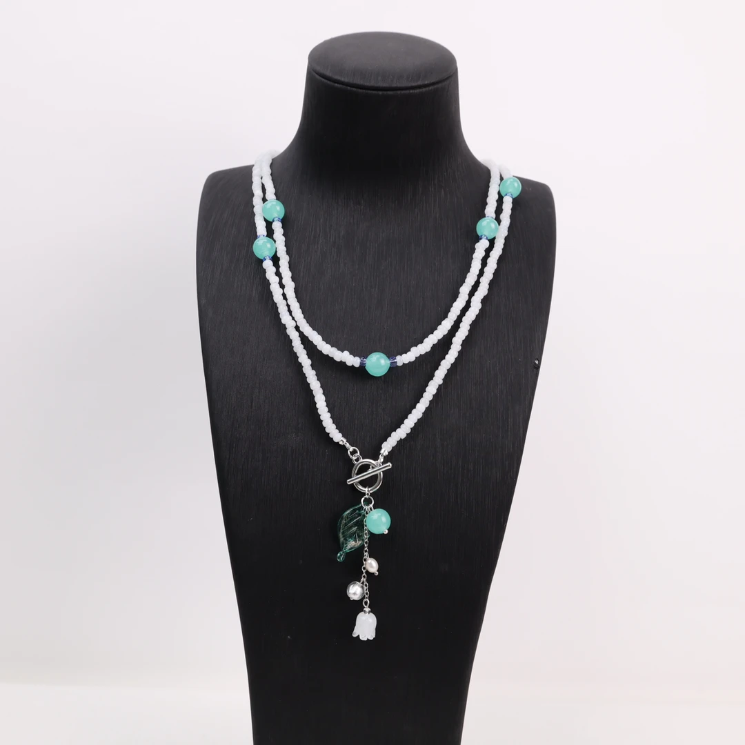 合金项链 LZ1232 蓝色白玉料小米珠蓝色树叶兰玲花琉璃项链106cm