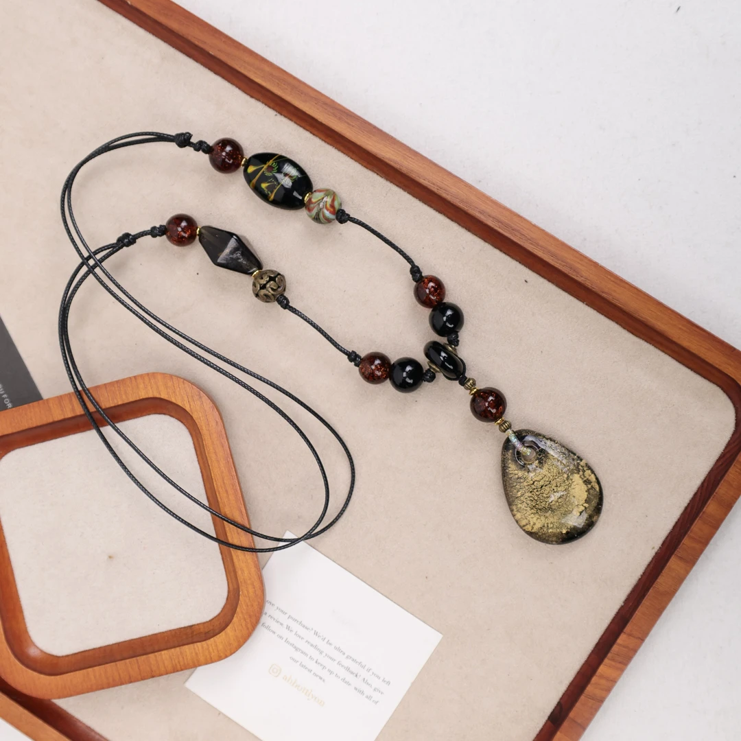 合金项链 LZ1563 水滴金箔吊牌绳编琉璃项链