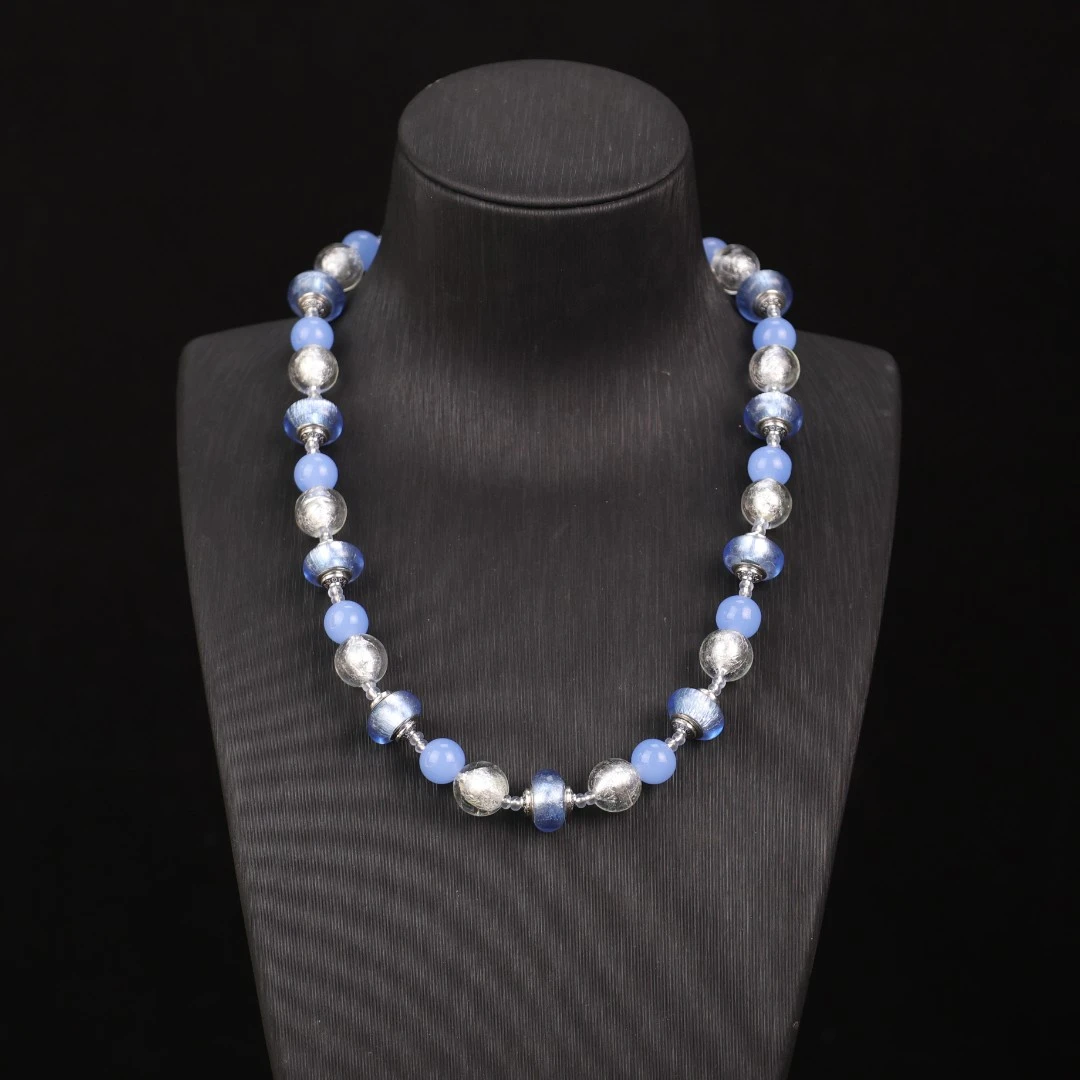 合金项链 LZ0353 微瑕 浅蓝色银箔转转筒琉璃项链45cm