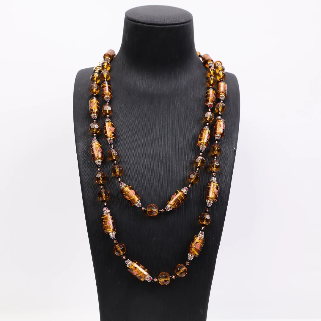 合金项链 LZ1572 金色玫瑰花银箔长链琉璃项链130cm