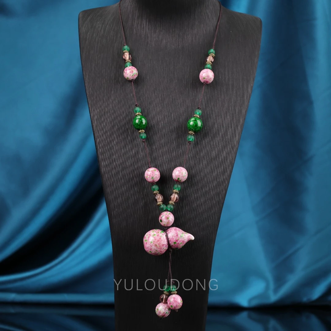 合金项链 XL571 粉蛙葫芦绳编琉璃项链