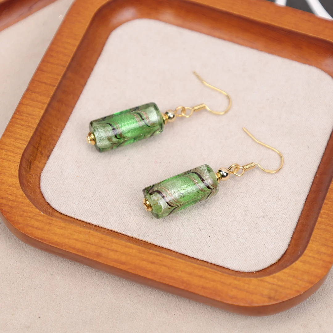 合金耳饰 LZ1618-2 绿色银箔圆柱琉璃耳环