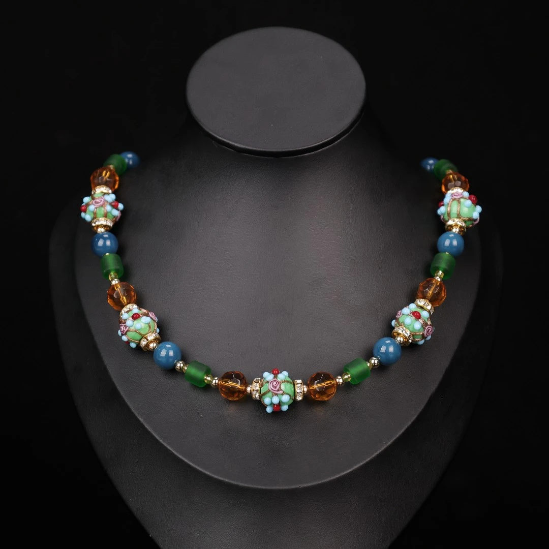 合金项链 LZ0385 蓝绿色小花蛋糕琉璃项链44cm