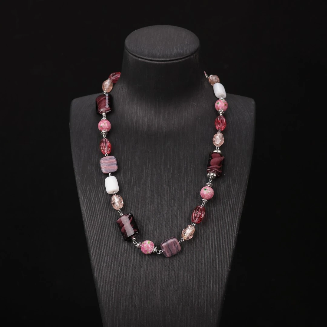 合金项链 LZ0313 紫色扁珠蛙皮金红扭扭琉璃项链52cm