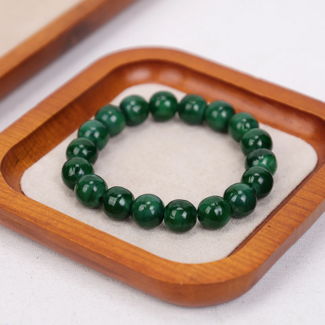 合金手链 LZ1663-1 10mm【万年松】油绿色琉璃手串