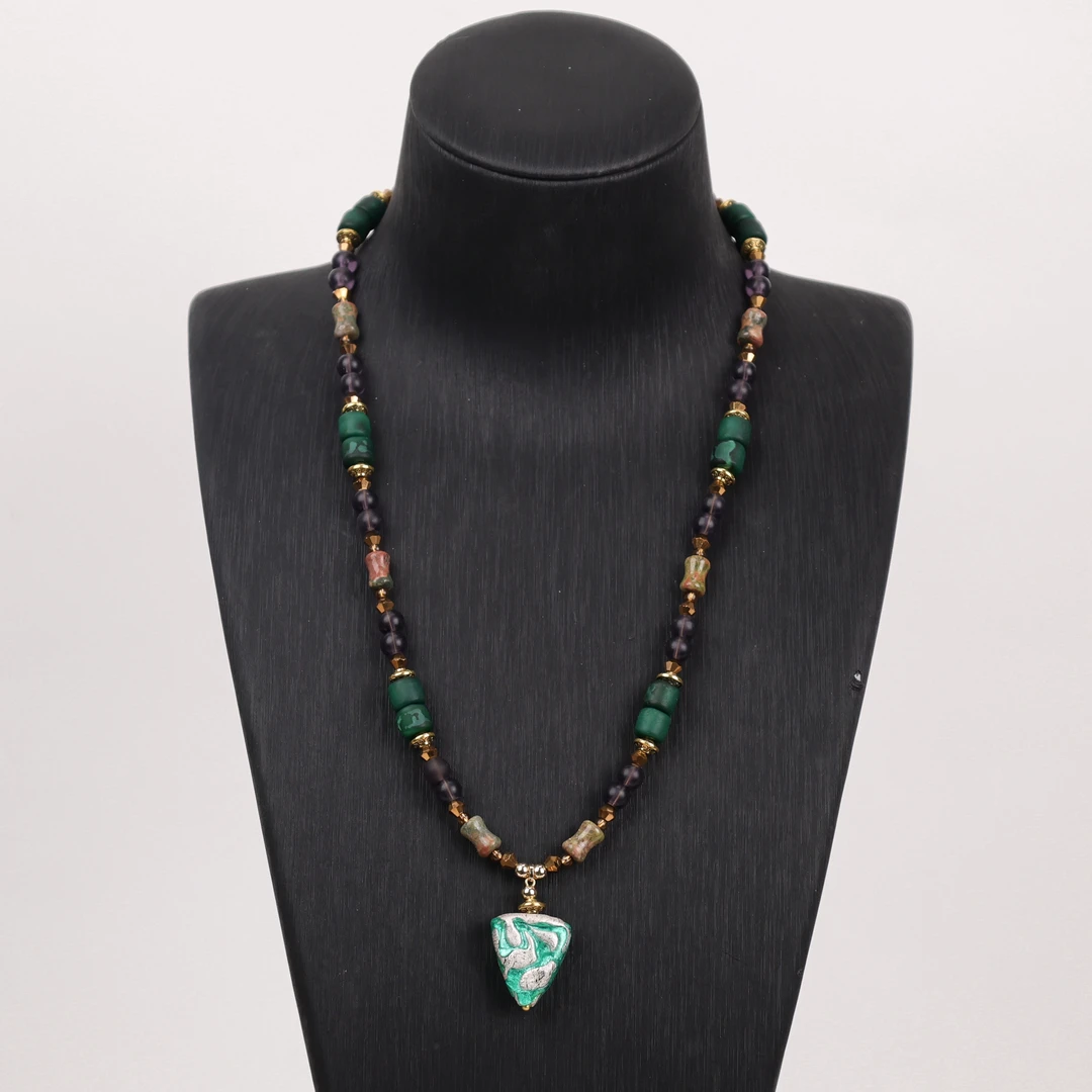 合金项链 LZ2156蓝绿色雕刻锥形三角银箔琉璃项链