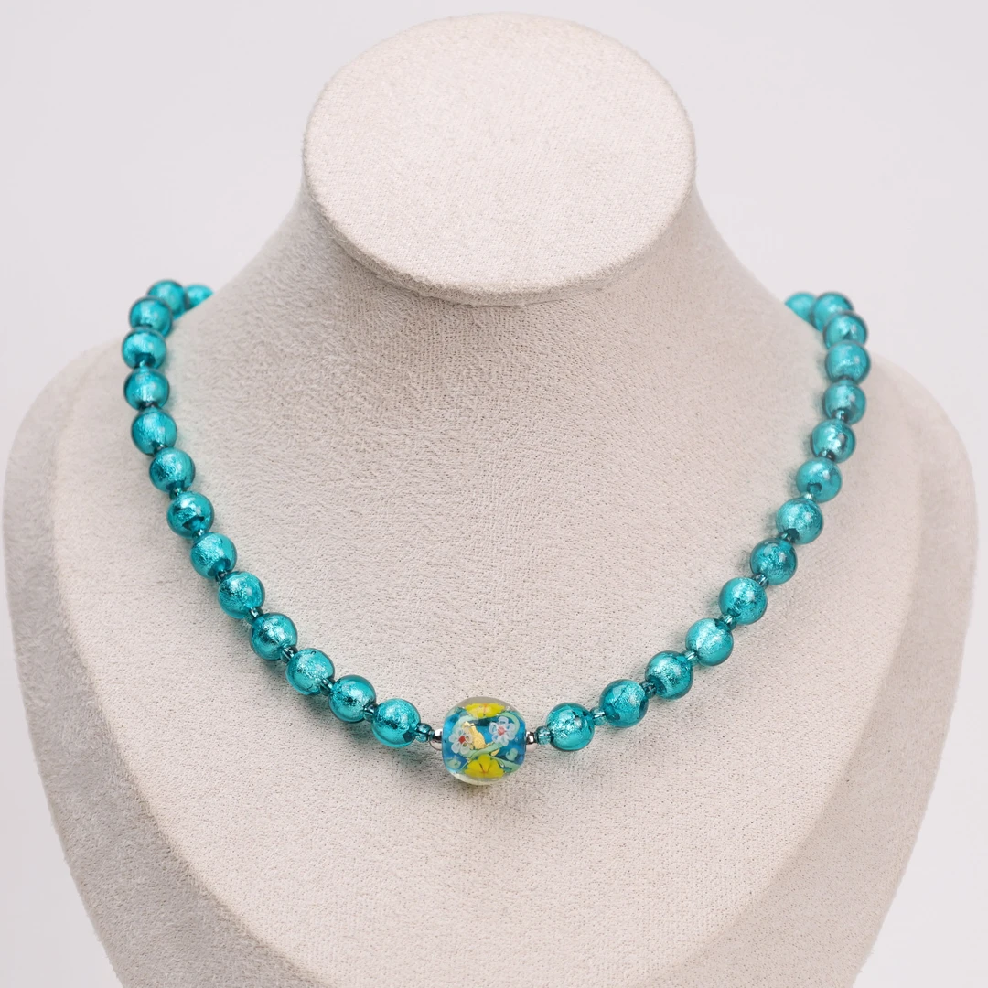 合金项链 LZ1152 8mm蓝色银箔花珠满串琉璃项链38cm