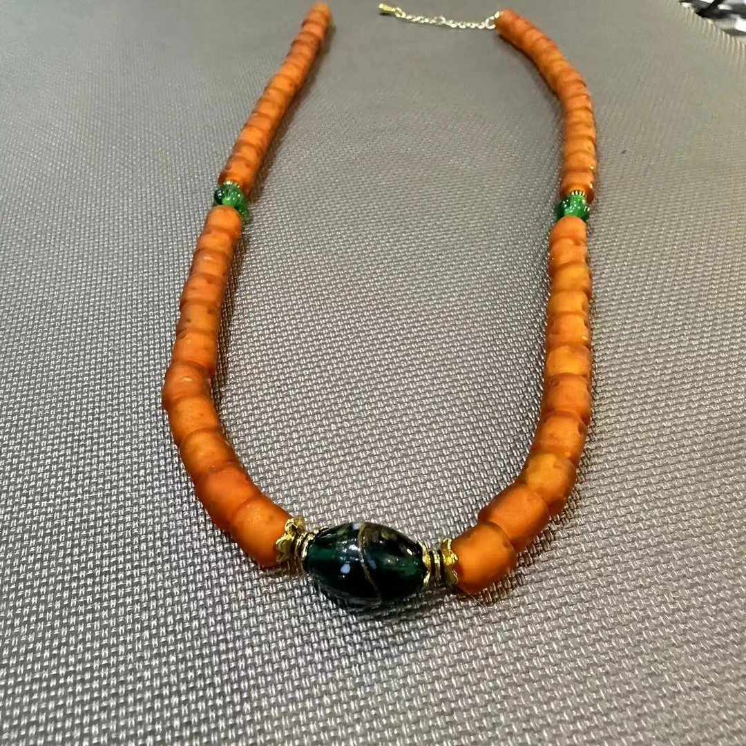 合金项链 LZ0787 橙色扭扭珠绿色凤尾琉璃项链