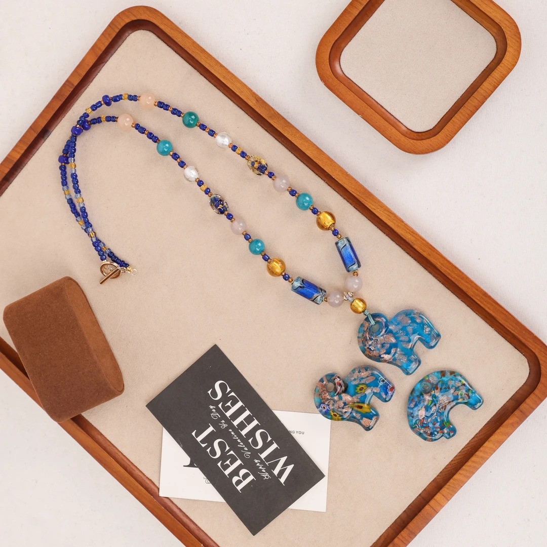 合金项链 LZ2188 蓝色大象琉璃项链 花纹随机