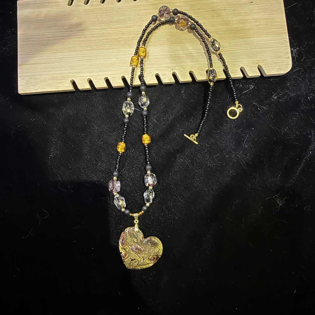 合金项链 XB080 咖色银箔吊牌琉璃项链