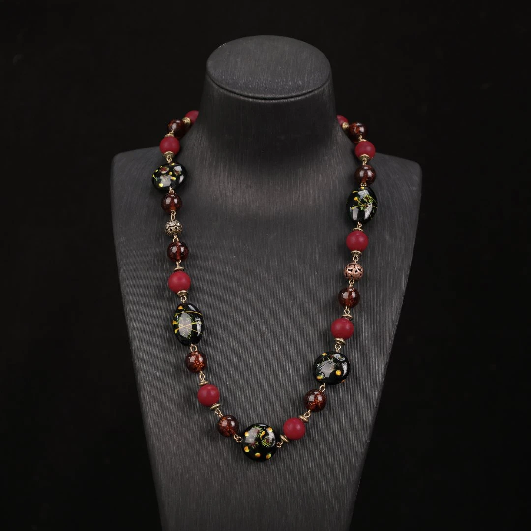 合金项链  LZ0207 黑色编珠暗红色磨砂老料琉璃项链55cm