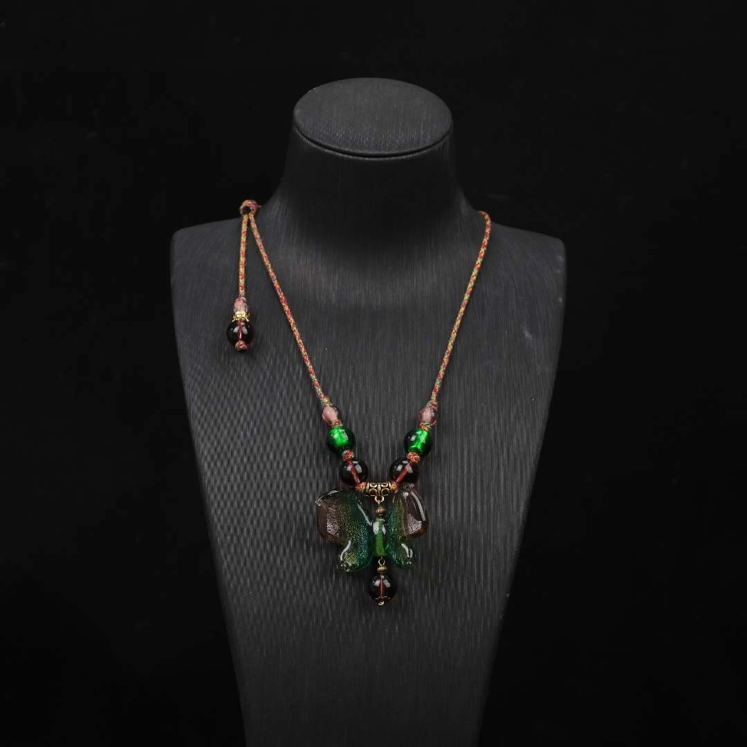 合金项链 HD0002 绿色立体蝴蝶银箔绳编琉璃项链