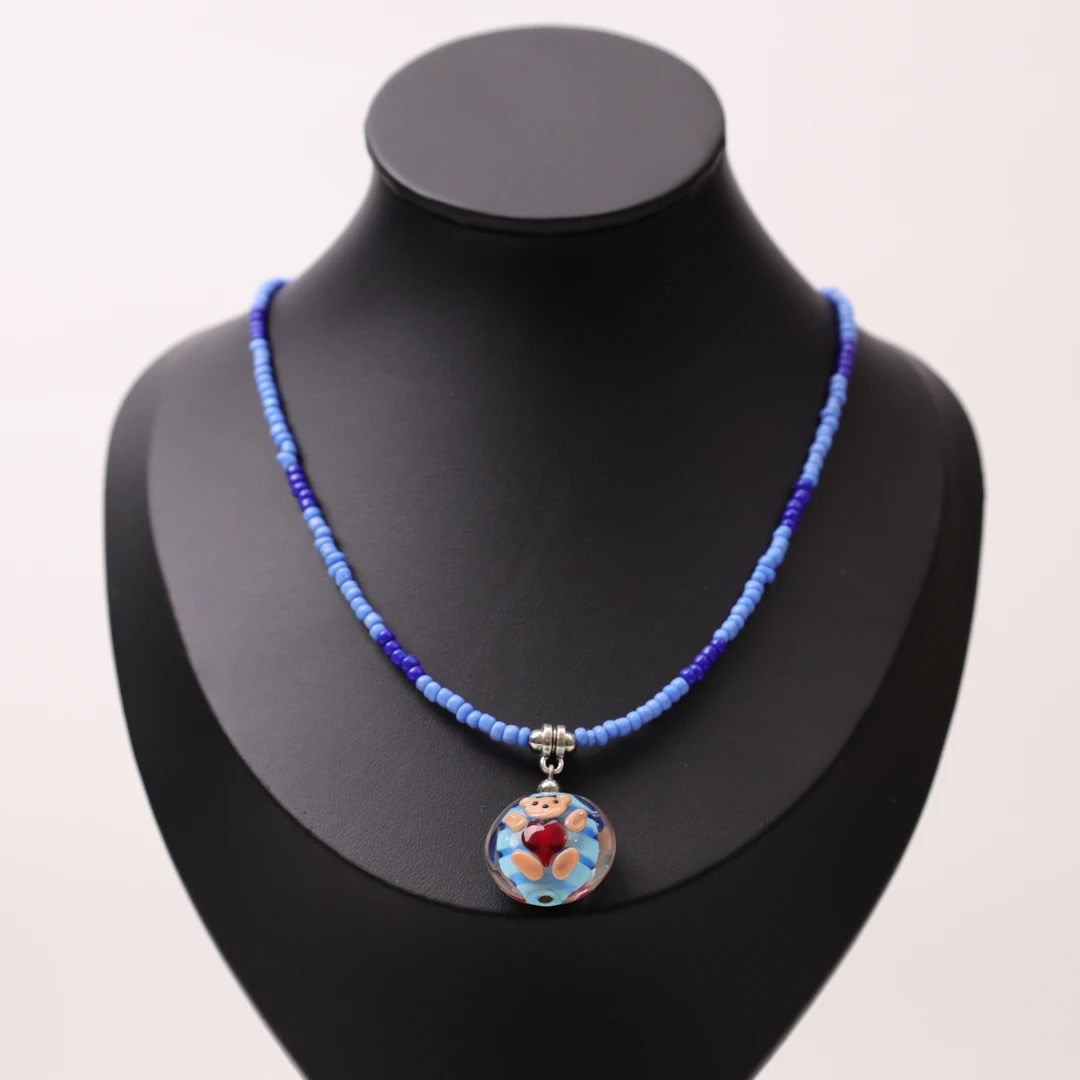 合金项链 LZ0866 爱心小熊吊牌蓝色小米珠琉璃项链42cm