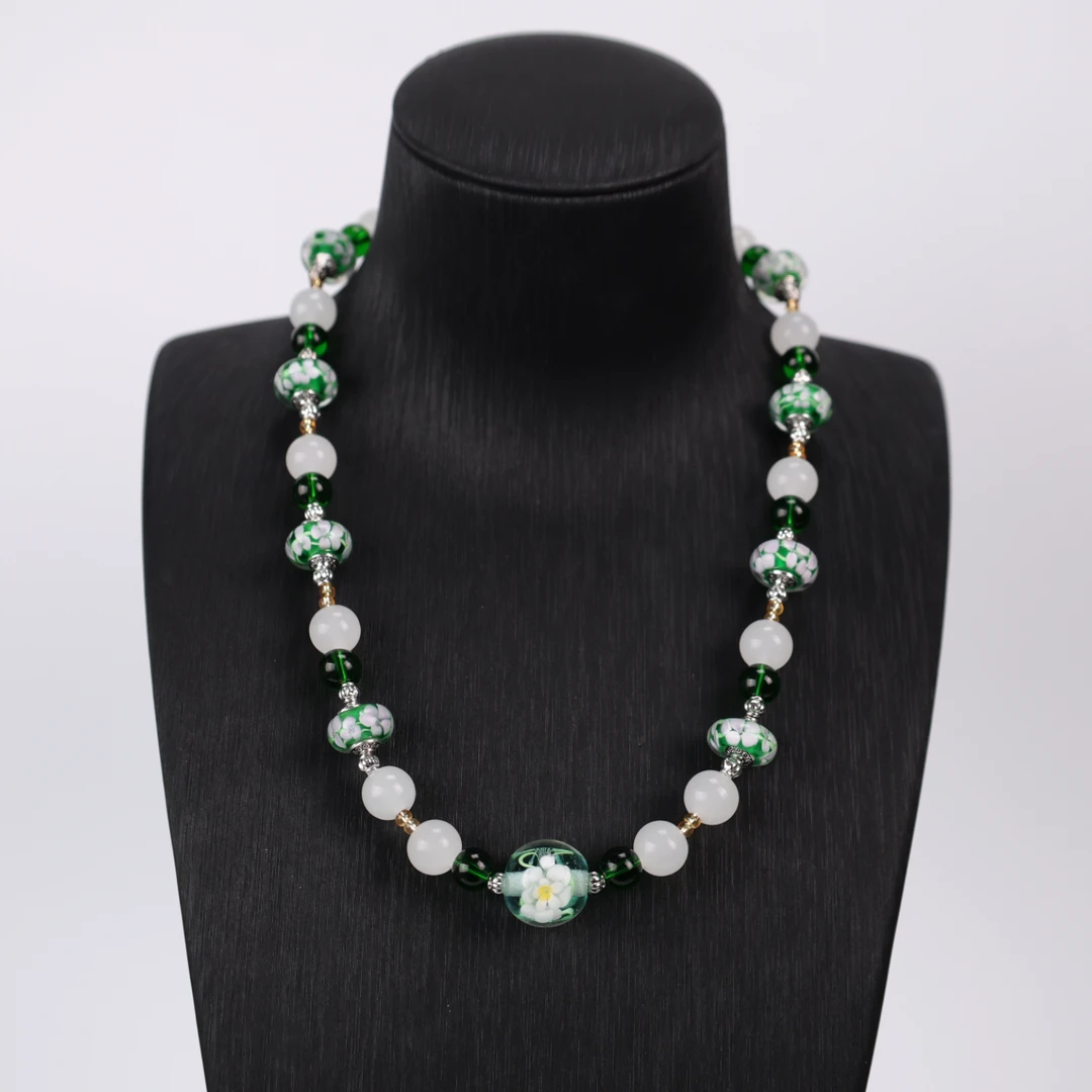 合金项链 LZ0697 薄荷蓝绿色小花转转筒琉璃项链