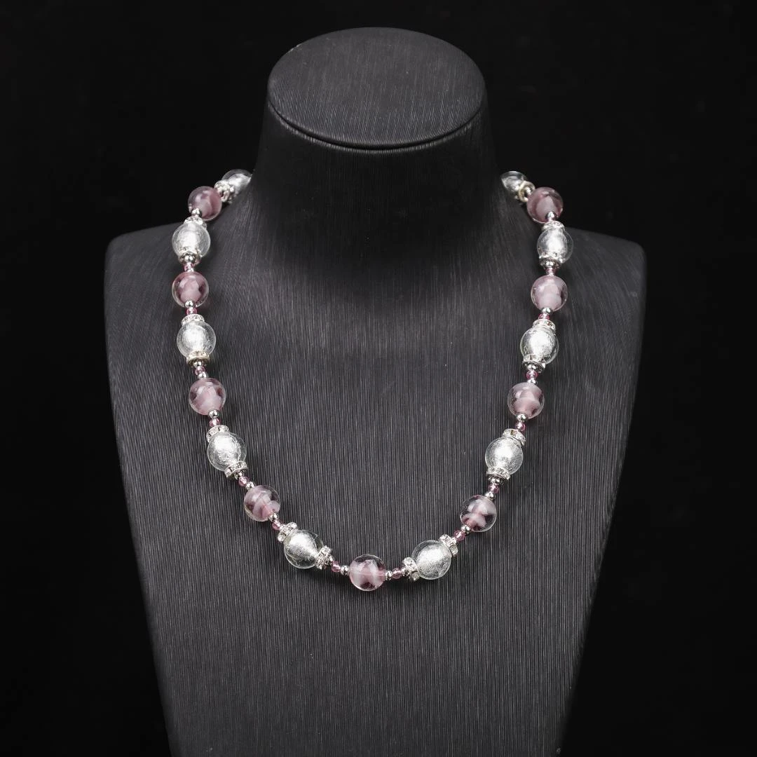 合金项链 LZ0178  紫色搅料白色银箔琉璃项链45cm