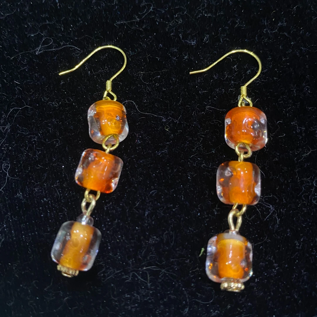 合金耳饰 EH0271 橙色扭扭三颗珠琉璃耳环