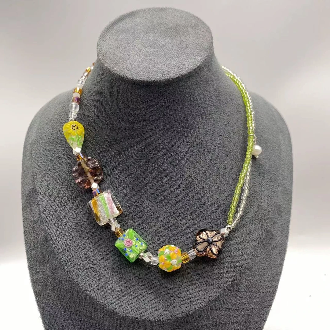 合金项链 XB225 小清新绿色方块小花琉璃项链
