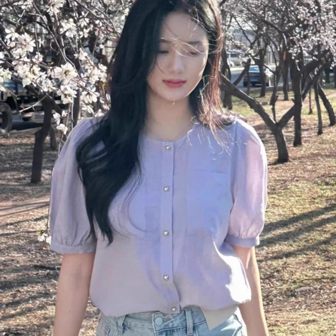 紫色泡泡袖小众衬衫女夏季2025新款别致绝美小衫气质防晒短袖上衣