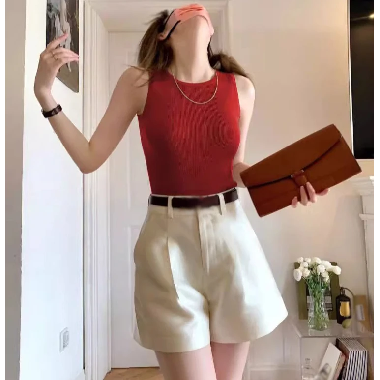 女装新年红色针织打底内搭吊带背心女修身配西装无袖T恤洋气上衣