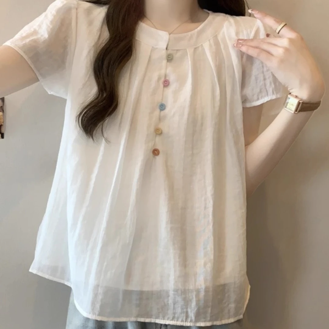 短袖衬衫女夏季2025新款法式宽松遮肚子泡泡袖短款娃娃衫雪纺上衣