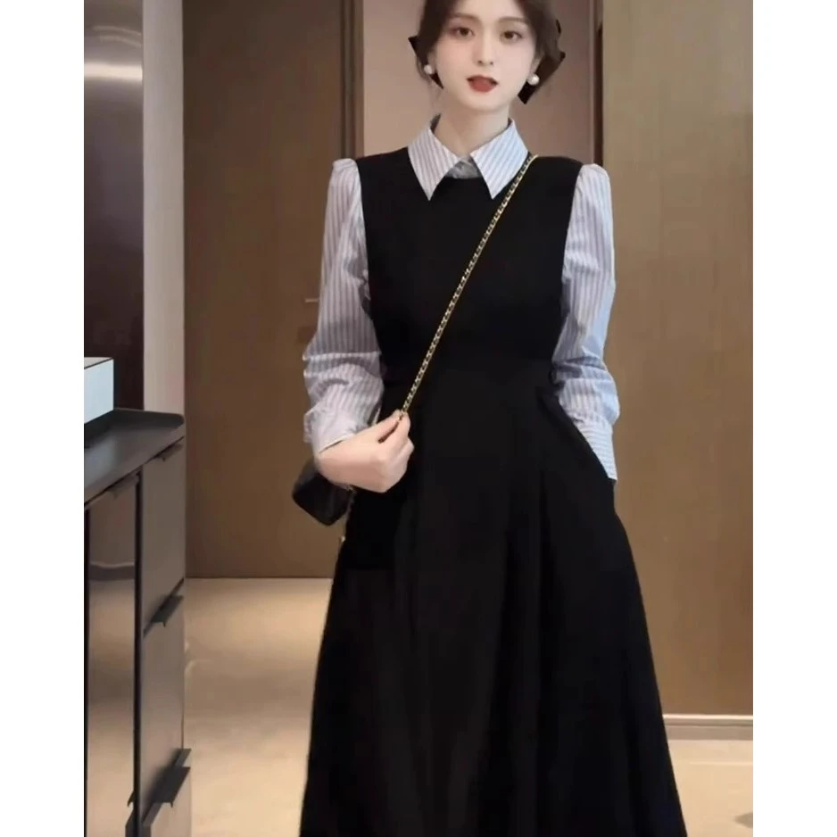 秋季穿搭一整套女高级感无袖马甲连衣裙叠穿polo领条纹衬衫两件套