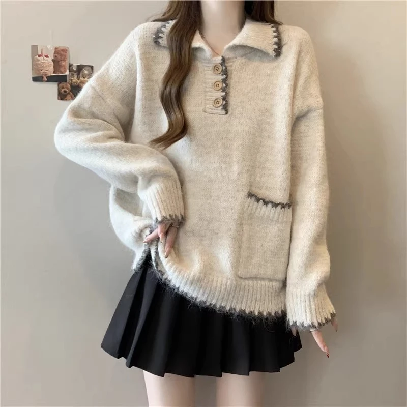 宽松慵懒风Polo领加厚针织衫毛衣女秋冬简约复古百搭显瘦套头打底