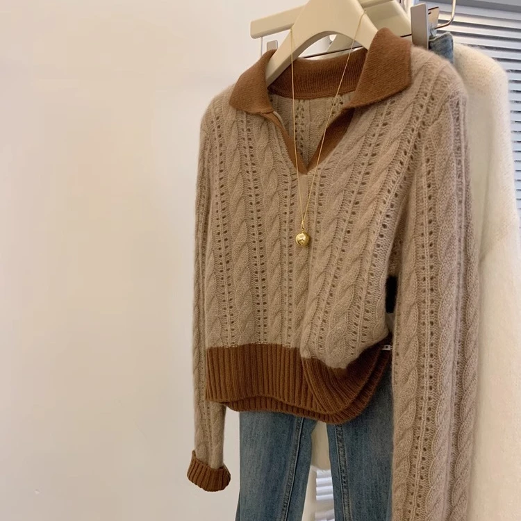 撞色polo翻领套头宽松软糯毛衣外穿慵懒高级女加厚上衣设计感小众