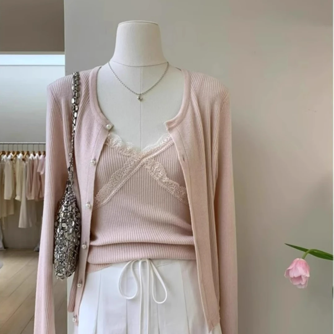 韩系穿搭两件套蕾丝边背心针织开衫时尚套装早秋新款气质女上衣潮