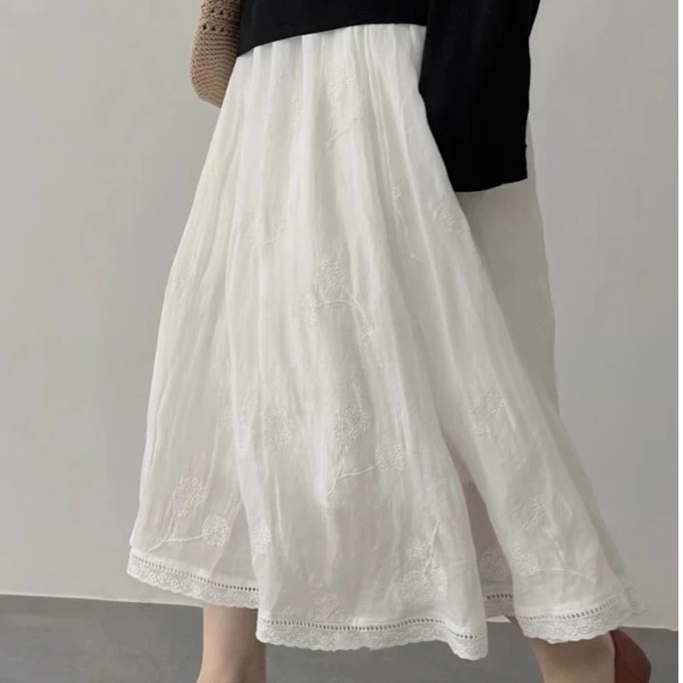 2025白色蕾丝花边半身裙女春秋季垂感高腰a字裙刺绣法式伞裙子