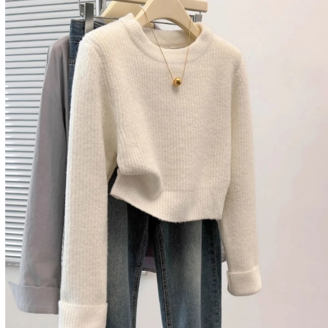 韩版小众复古软糯套头毛衣女秋冬高知打底显瘦外穿短款针织衫上衣