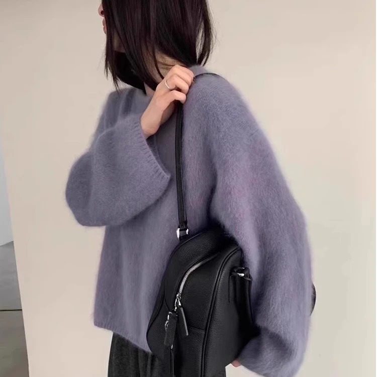 2025软糯奶fufu紫色套头毛衣女秋冬外穿宽松慵懒毛茸茸针织上衣