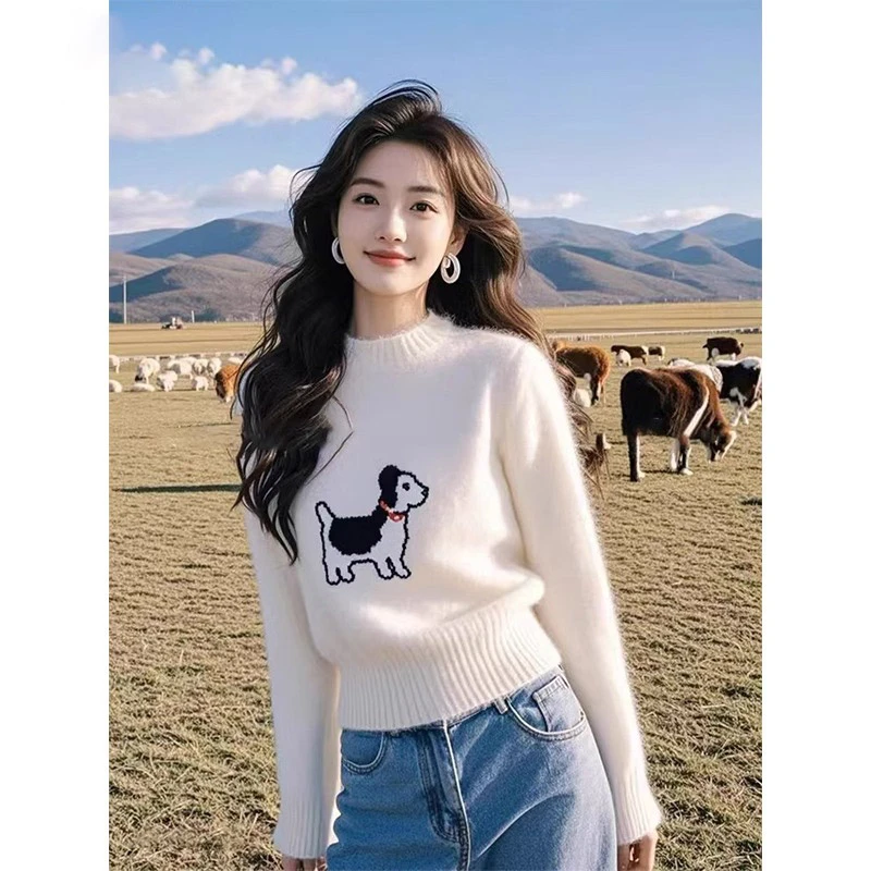 韩系趣味小狗印花长袖针织衫女2025冬季新款时尚短款显瘦白色上衣