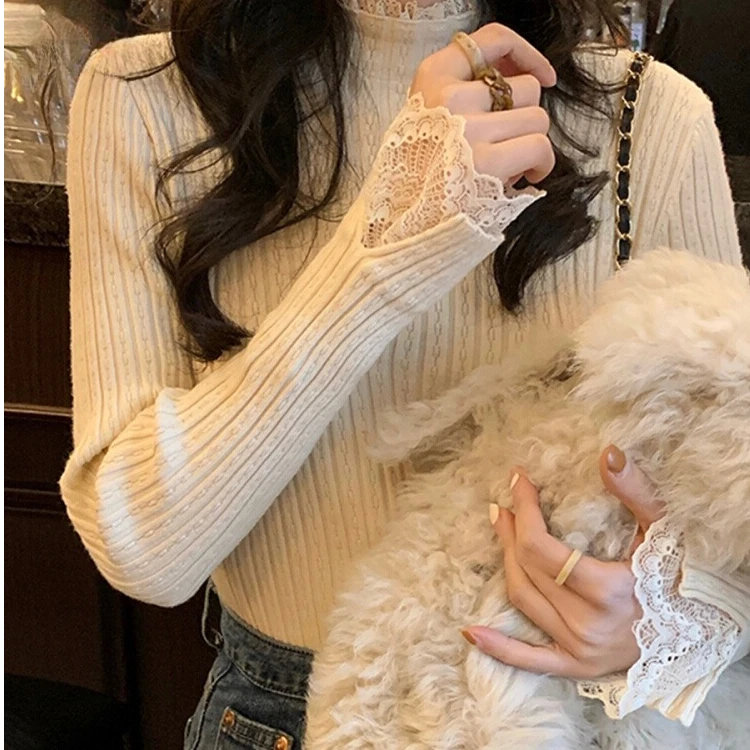 法式白色针织衫拼接蕾丝修身内搭女秋冬显瘦半高领毛衣打底衫上衣