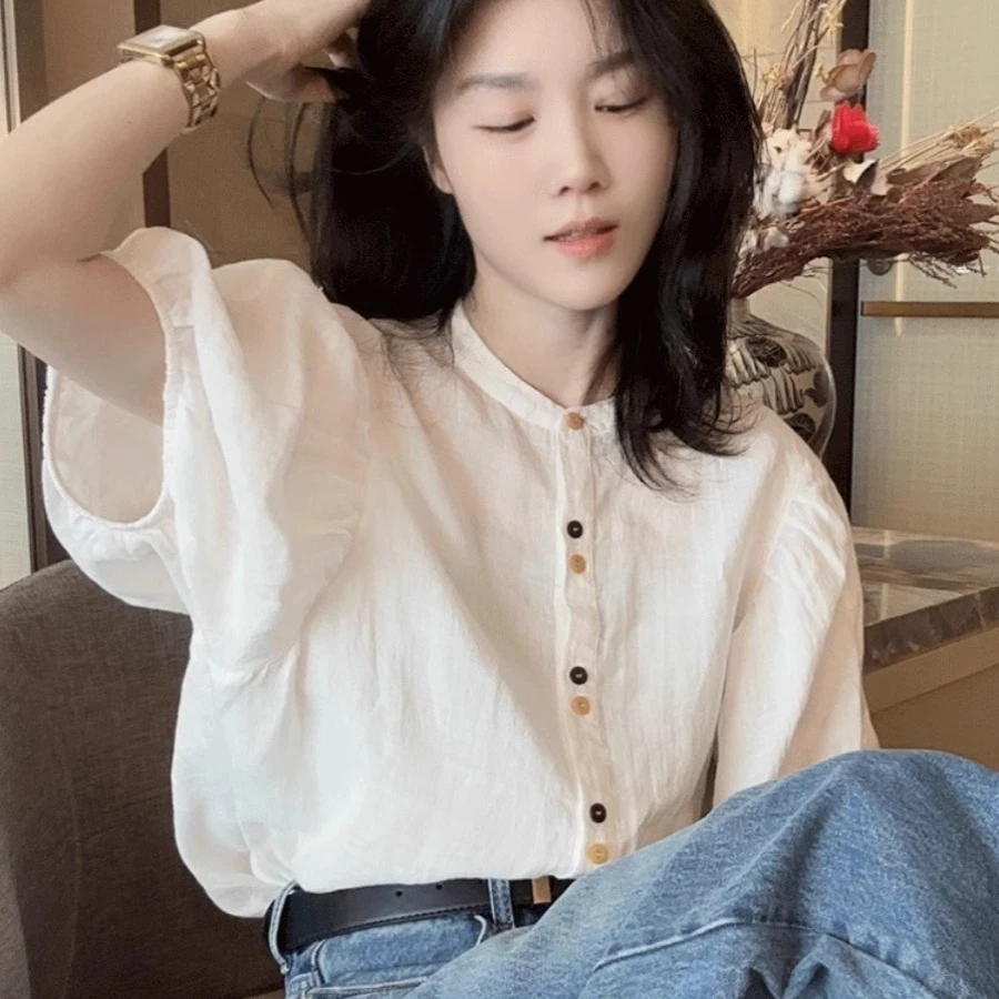 夏季薄款白色气质短袖衬衫女夏款2025新款夏季宽松显瘦泡泡袖上衣