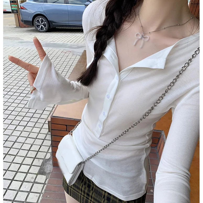 半开V领纽扣薄款喇叭长袖防晒罩衫T恤女春夏纯欲气质减龄修身上衣