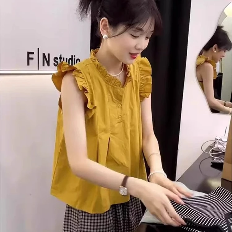 时尚小飞袖荷叶边吊带背心娃娃衫女夏季别致漂亮无袖衬衫短款上衣