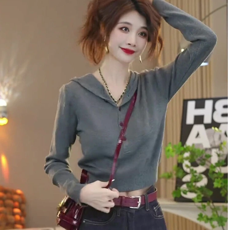 韩系连帽灰色针织衫女2025年新款春秋修身显瘦百搭套头上衣服